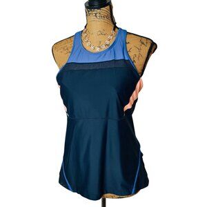 Athleta Womens L Tri-ssential Tankini Racerback Swim Run Workout Navy Peach